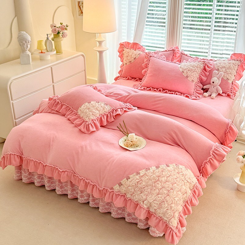 四件加厚公风刺绣被床单面绒床盖法兰绒珊瑚绒冬季