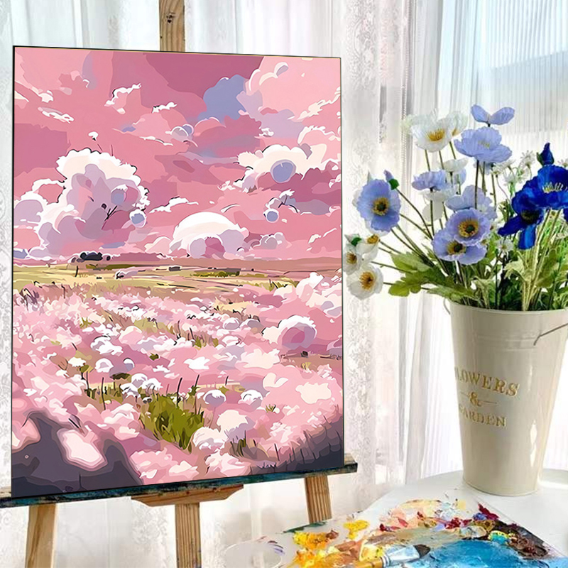落霞玫瑰数字油画diy手绘丙烯画填充涂色风景手工装饰填色油彩画