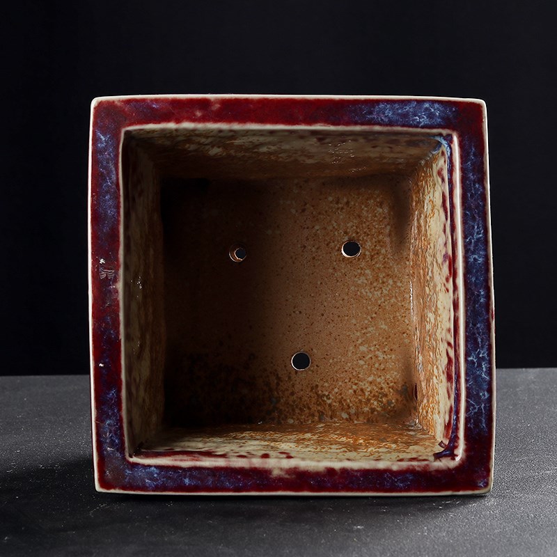 钧瓷青花釉里红四方浮雕龙游四海花盆陶瓷大造景盆景盆20*20*15cm