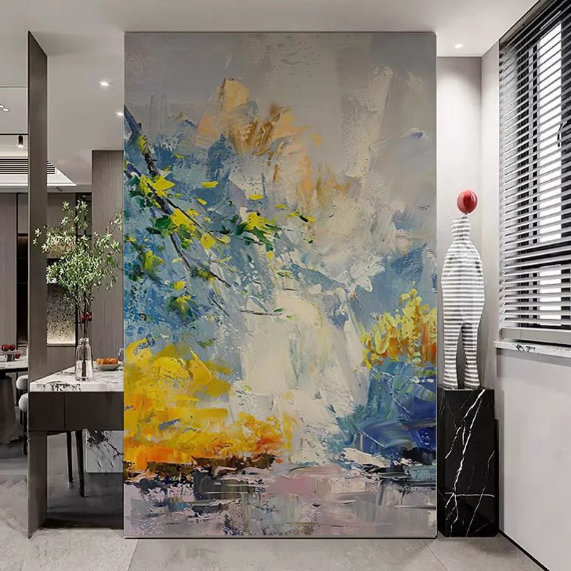 定制油画现代轻奢入户玄关装饰走廊过道壁画大幅抽象风景墙纸壁画图片