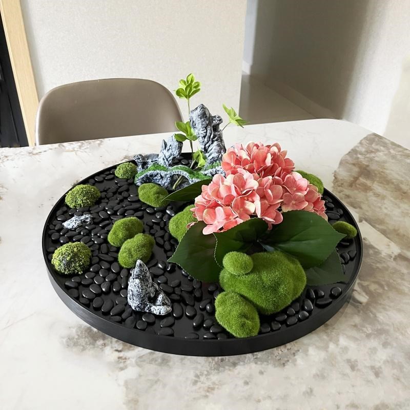 酒店包间圆形餐桌转盘中间装饰摆件假山手感绣球假花艺微景观盘景