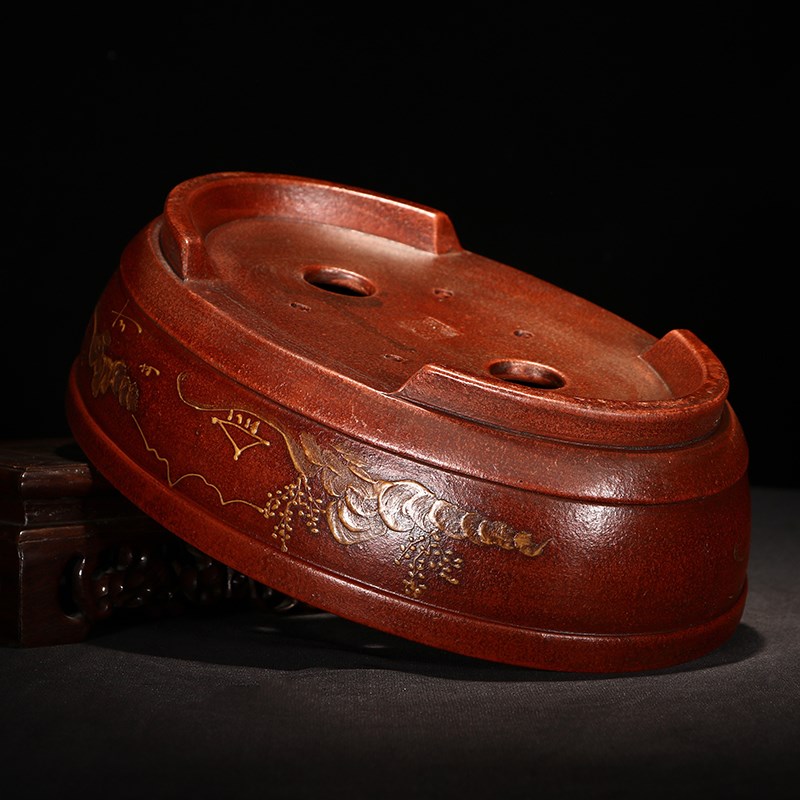 紫砂花盆多肉陶瓷老桩盆景透气古典桌面复古泥绘椭圆摹古绿植花卉