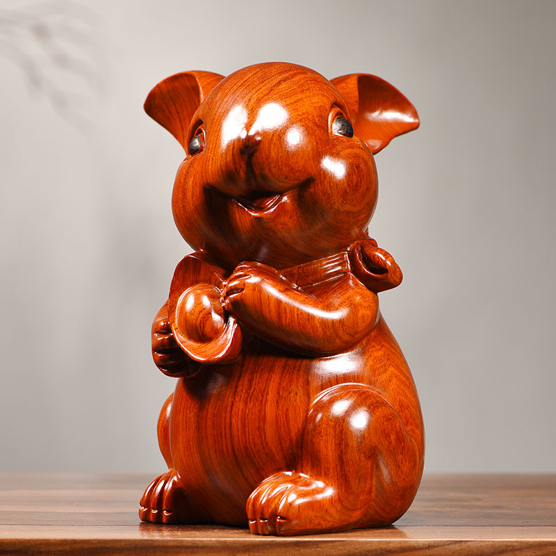 花梨木雕福财兔子摆件实木十二生肖三合家居客厅红木装饰工艺品