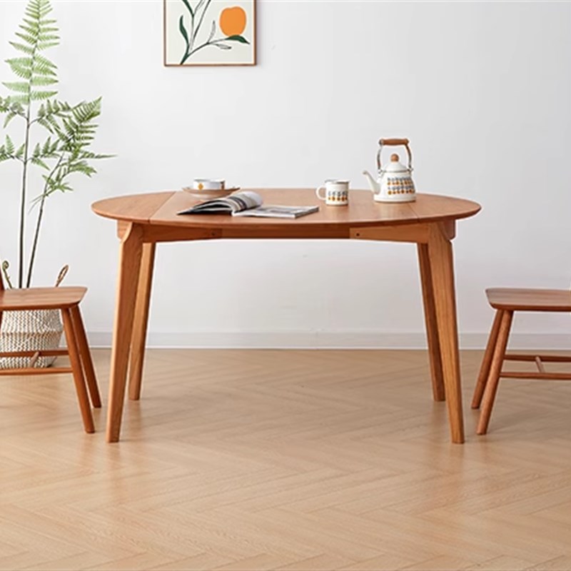 北鱼木作樱桃木折叠餐桌实木餐桌圆桌长桌变圆桌旋转原木风家具
