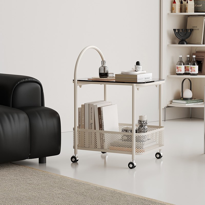 奶油风可移动小户型客厅沙发边几玻璃边桌小茶几卧室床头落地推车
