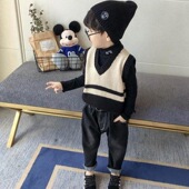 儿童毛衣V领背心男童针织马甲2023春秋新款 男宝坎肩小童毛线马夹