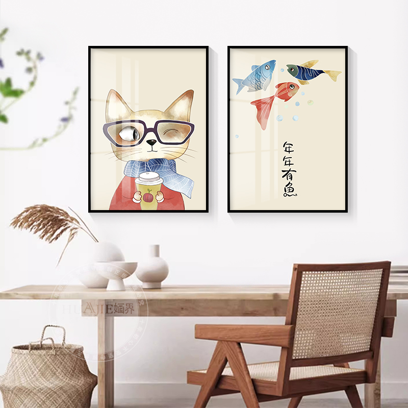 猫鱼餐厅a墙面装饰画新中式客厅现代简约沙发背景墙卡通动物挂画图片