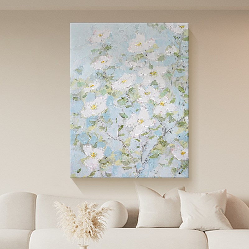 奶油风花卉客厅装饰画抽象白色肌理E手绘油画艺术玄关走廊过道挂图片
