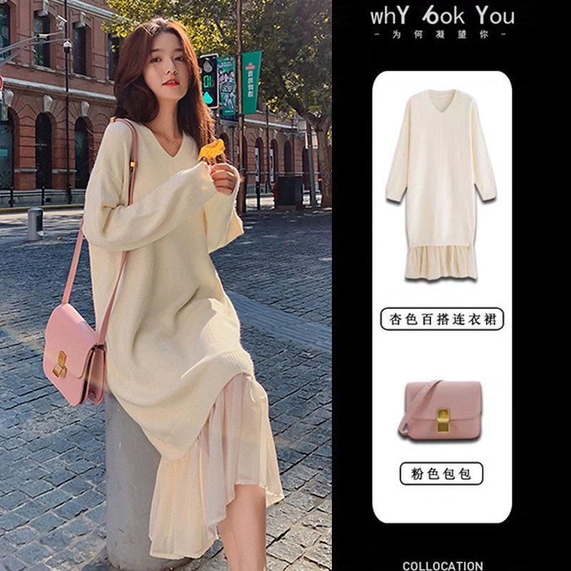大码哺乳衣外出辣妈款孕妇装连衣裙春秋季法式小众毛衣喂奶期长裙