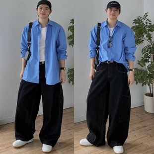 方人也屹春秋韩版蓝衬衫男长袖宽松大版百搭休闲衬衣外套打底衫