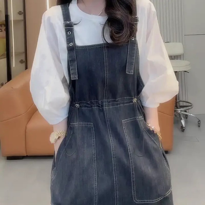 牛仔背带裙女夏季2025新款小个子收腰显瘦中长款吊带连衣裙套装图片