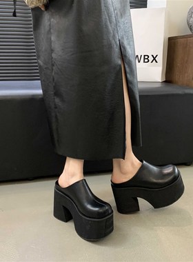 2024春秋圆头防水台松糕厚底拖鞋12CMJ超高跟粗跟外穿包头凉拖女