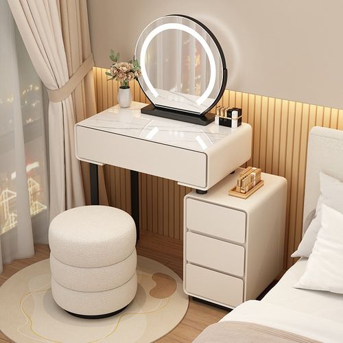 实木小户型5060cm梳妆台卧室现代简约奶油风简易化妆桌收纳柜一体