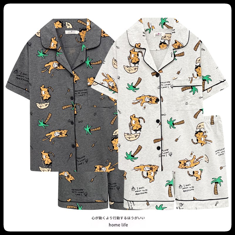 网红风橘猫咪睡衣夏季女款纯棉短袖套装情侣可爱卡通家居服男夏天图片