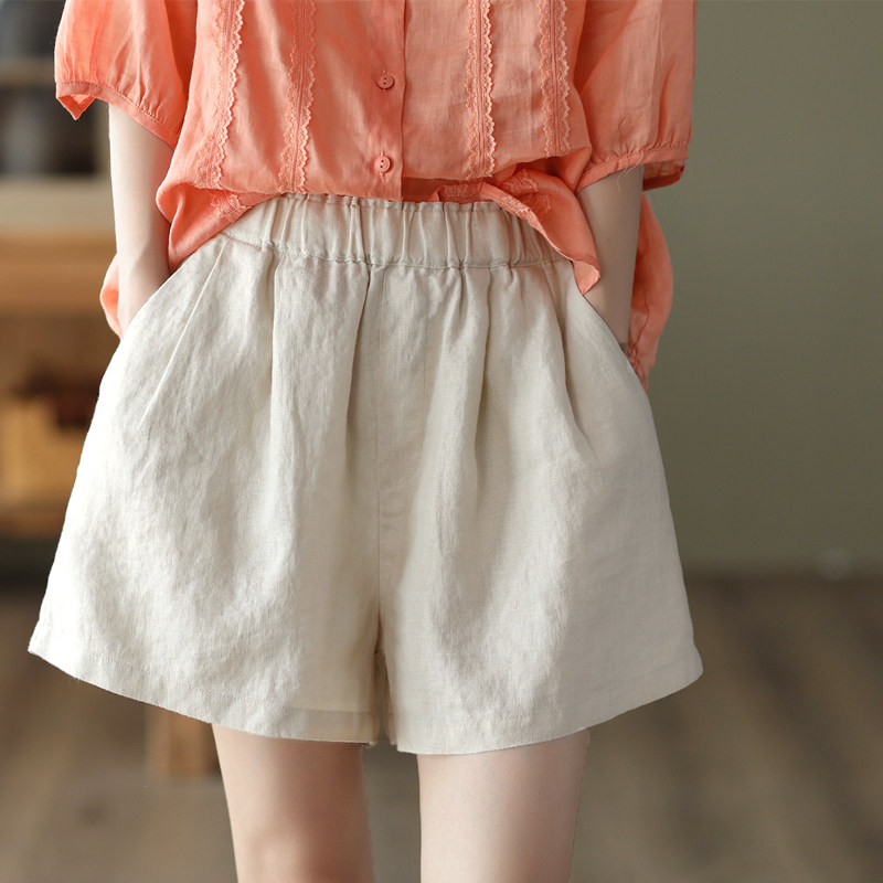 园园美衣新款复古亚麻短裤女松紧腰纯色阔腿裤百搭艺百搭直筒裤,女装/女士精品,休闲裤,淘宝优惠券,粉丝福利购,淘宝优惠卷