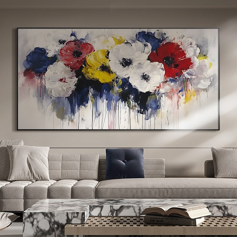 百花争艳手绘彩色大芬村油u画抽象简约立体花卉客厅装饰画卧室挂图片