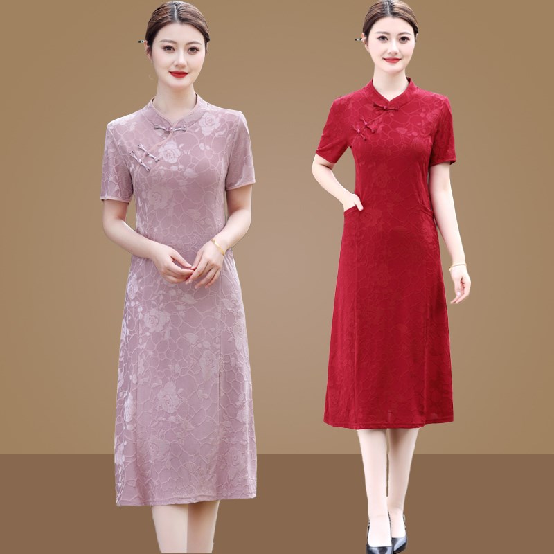 妈妈改良旗袍式连衣裙复古洋气中年女士夏装短袖弹力过膝长裙子