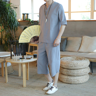 中国风棉麻套装男夏季两件套韩版潮流亚麻七分袖T恤帅气衣服一套
