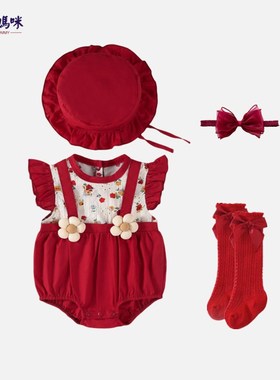 满月婴儿衣服夏装纯棉甜美包屁衣新生女宝宝百天周岁抓周红色礼服