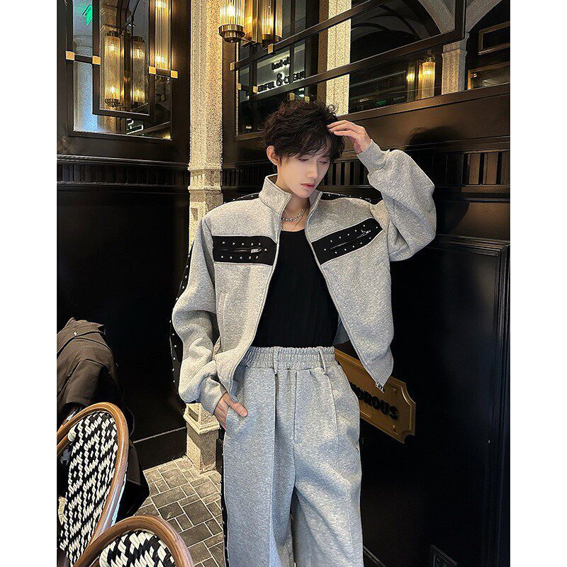 春秋潮牌重工铆钉设计感休闲撞色运动卫衣套装男阔腿长裤两件套潮,男装,休闲运动套装,淘宝优惠券,粉丝福利购,淘宝优惠卷