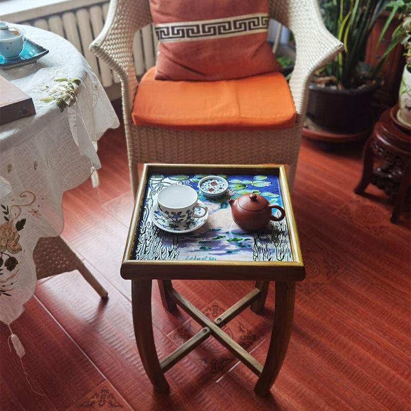 折叠茶几高两河老榆木家具实木镶嵌瓷板画沙发边几可折叠桌茶台桌