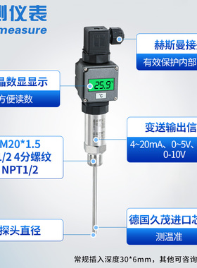 数显插入式赫斯曼温度变送器感测测温t热电阻2m一体式