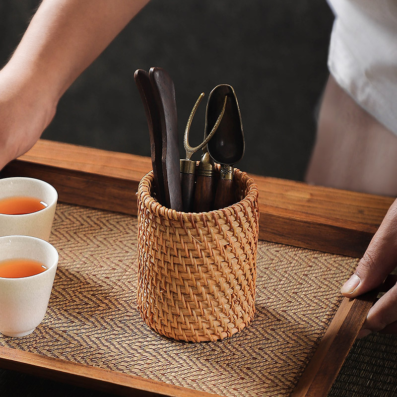 越南秋藤编笔筒茶具竹茶夹茶勺茶针普洱茶道配件收纳筒小花瓶摆件