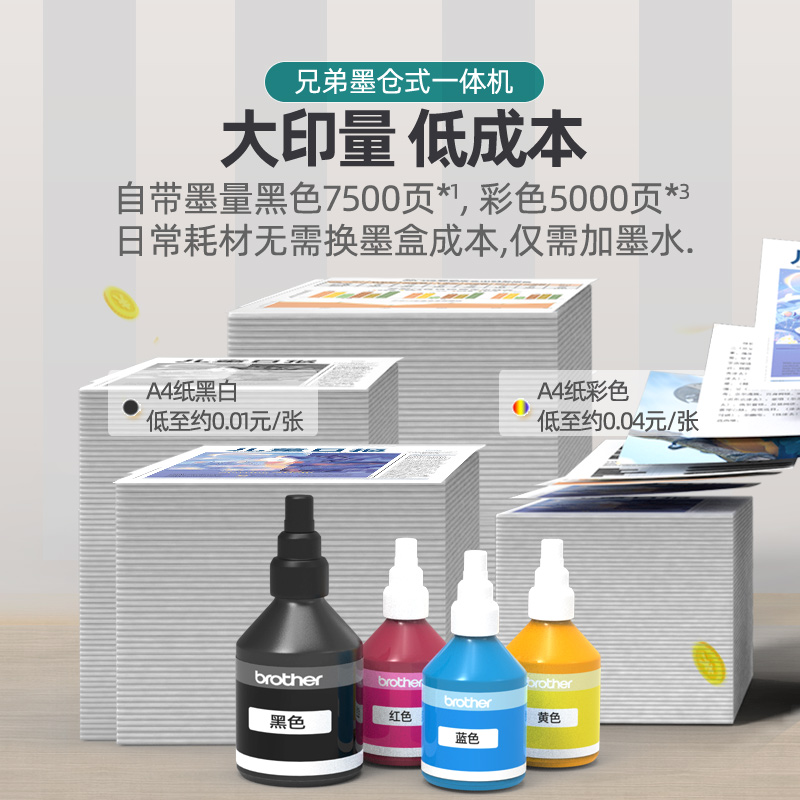 兄弟T725dw自动双面彩色打印机复印一体机小型家用连供墨仓式打印