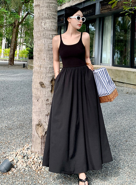 实拍黑色吊带连衣裙女高级感巨显瘦长裙黑色宴会礼服拖地裙