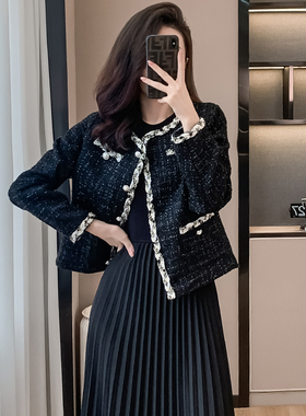 实拍黑色小香风外套女秋冬新款小个子气质修身法式高级感短款上衣