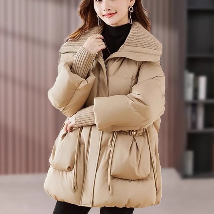 针织领中长款羽绒服女2025新款小个子宽松显瘦百搭加厚保暖外套