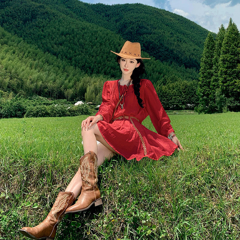 实拍白色红色旅游套装长袖衬衣+半裙裤裙西北新疆穿搭送腰带