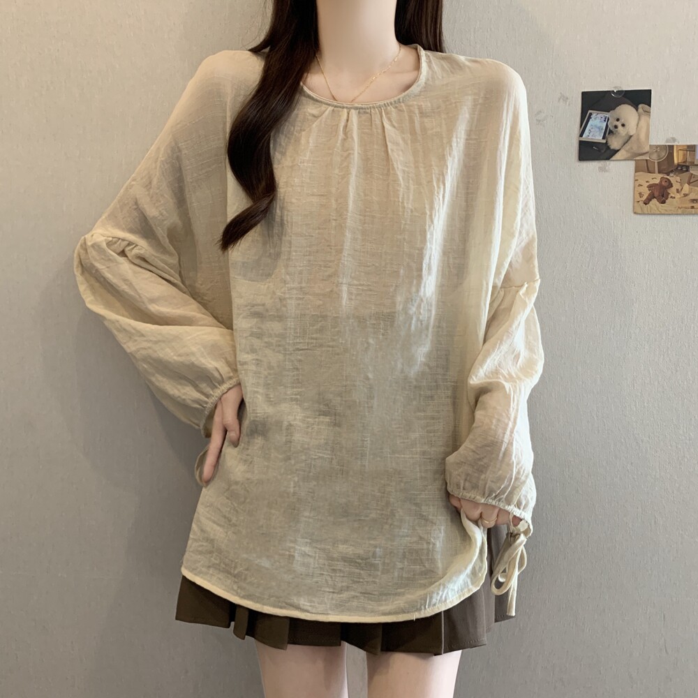 实拍新款大码女装法式时尚新中式国风苎麻灯笼袖衬衫慵懒上衣