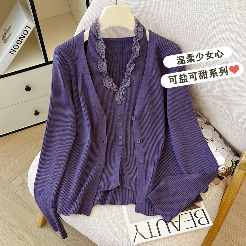 秋冬新款时尚洋气蕾丝拼接假两件长袖针织衫女修身显瘦挂脖上衣潮