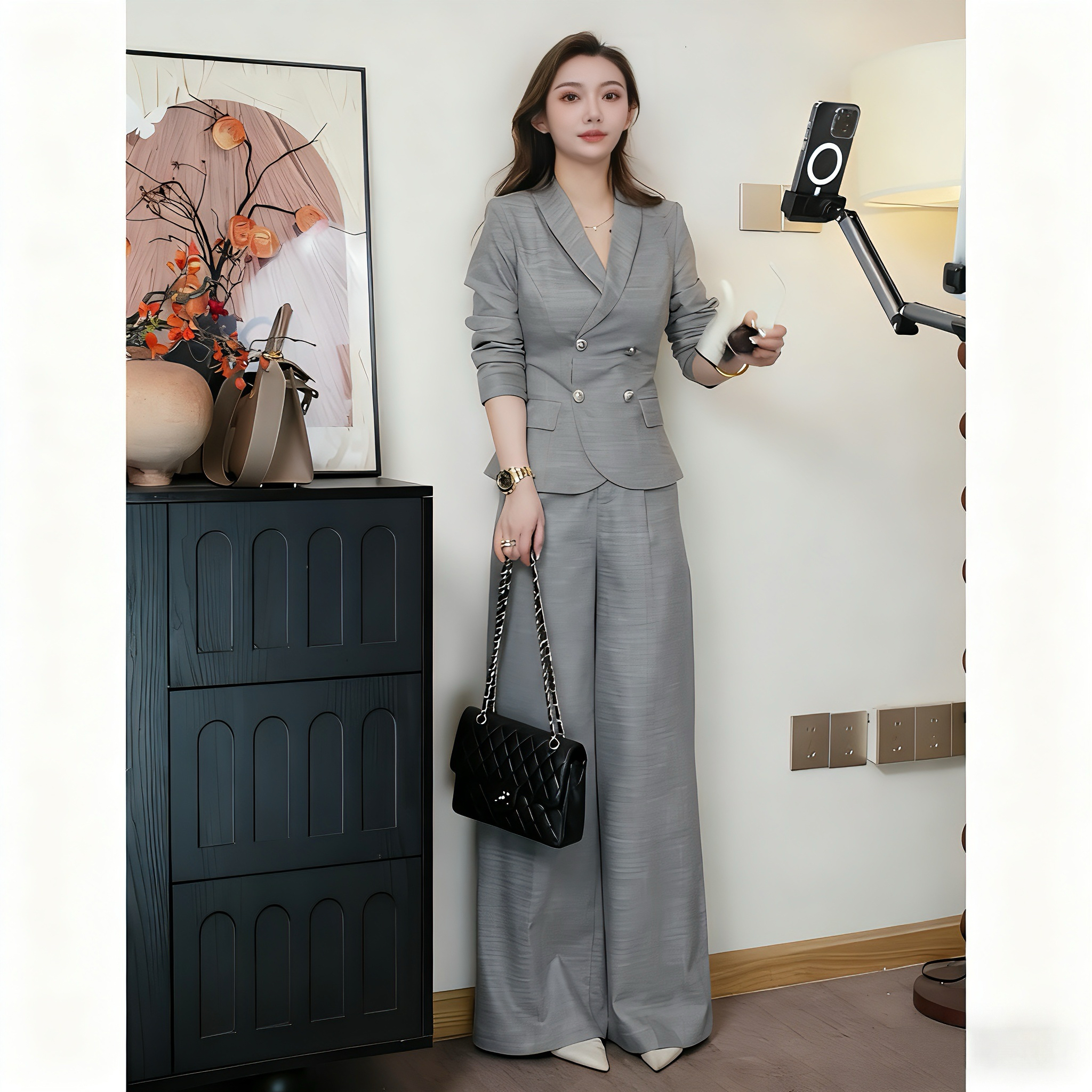 2025秋季新款高贵气场轻奢强大女装西装修身显瘦女直筒裤两件套装