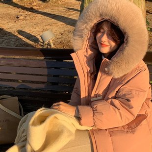 白鸭绒 富士山下白灵儿羽绒服女 中长款牛角扣冬季羽绒外套大毛领