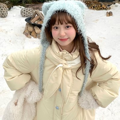 木茶MUCHA 奶黄小兔长款棉衣棉服女冬季保暖加厚宽松外套