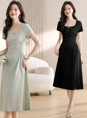 实拍绿色方领茶歇法式短袖连衣裙子女夏季新款收腰气质高级感长裙
