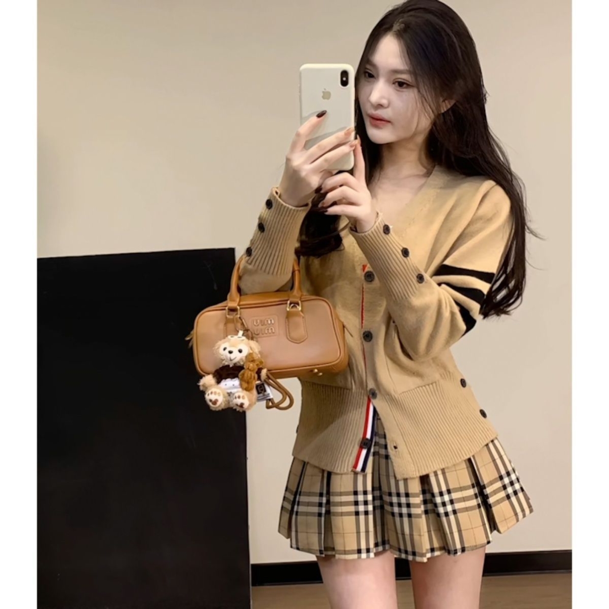 套装女2024早秋季韩系减龄V领针织开衫毛衣外套格纹半身裙两件套