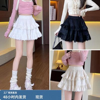 白色蛋糕短裙半身裙女秋冬季2025新款高腰花边拼接减龄a字蓬蓬裙