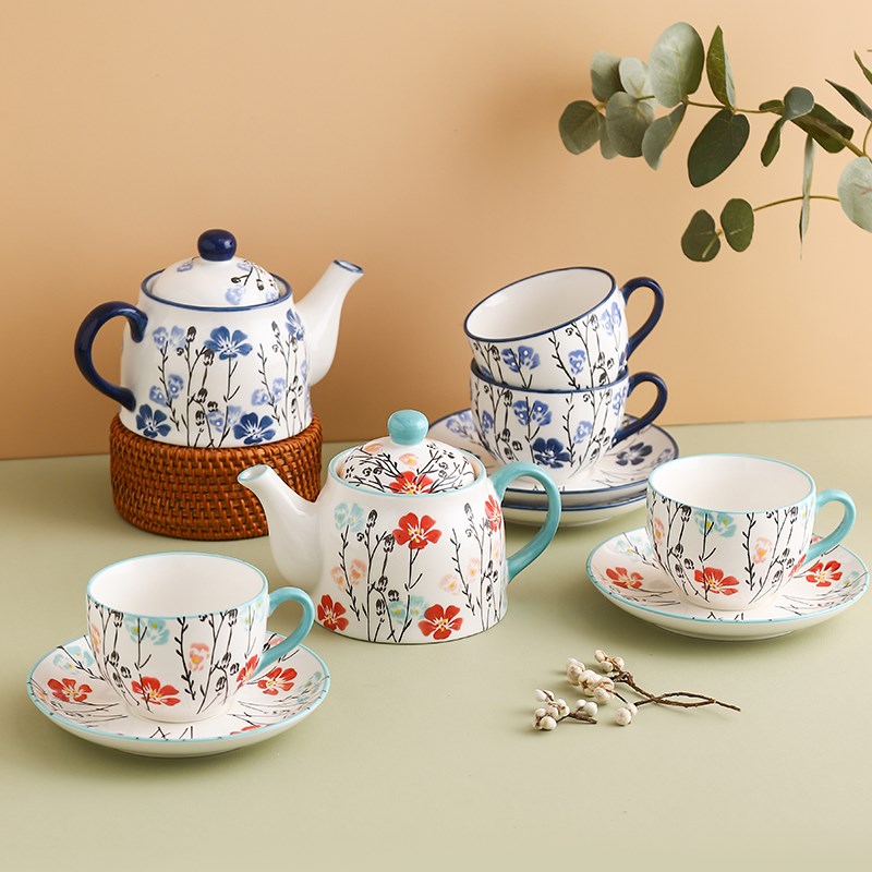 手绘釉下彩陶瓷茶具法式下午茶套装咖啡杯碟一壶两杯子礼品套盒