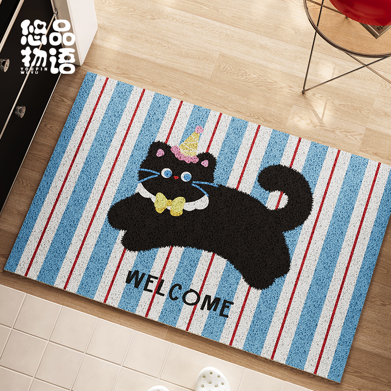 喵呜手账卡通猫咪2024新款丝圈入户地垫条纹撞色玄关门垫可裁剪
