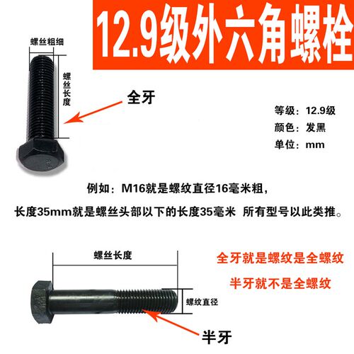 12.9级高强度外六角螺栓 加长全牙全螺纹螺丝螺杆M18M20M22M24M27