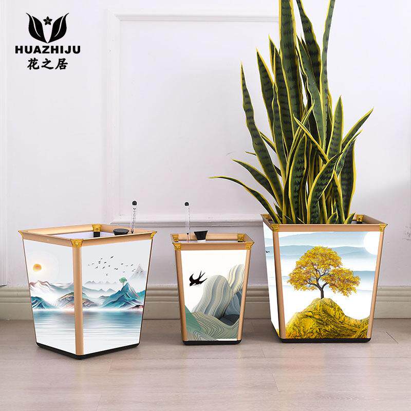 山水系列图画花盆懒人自动吸水塑料盆景花盆北欧简约风格树脂落地