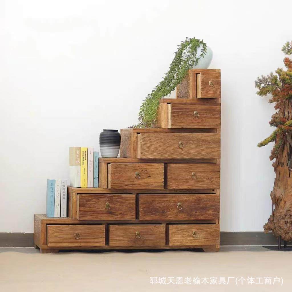 阶梯式老榆木斗柜实木阶梯式抽屉柜子家用原木风梯子风化板储物柜