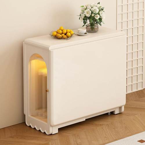 奶油风实木折叠餐桌白色小户型靠墙伸缩吃饭桌多功能可移动桌子