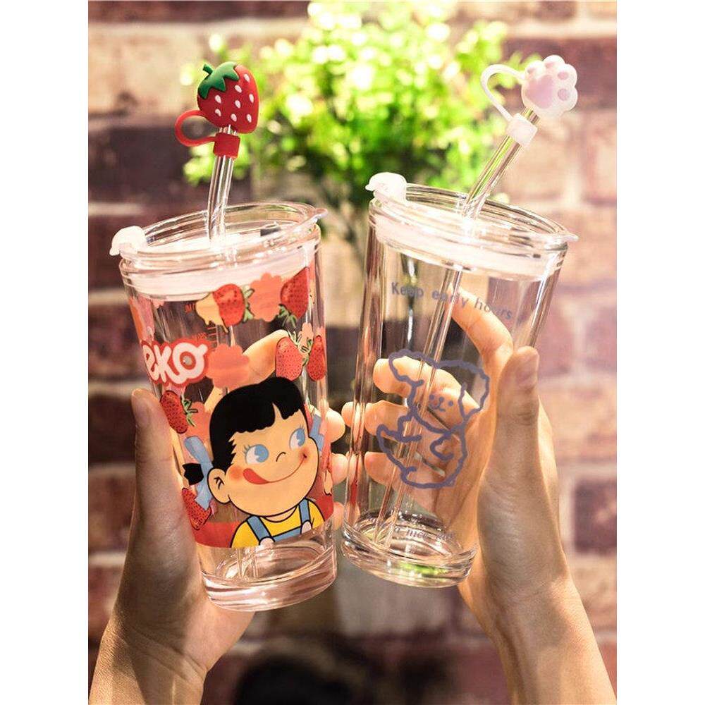 【高档旗舰店】网红玻璃吸管水杯子女可爱ins风少女带盖夏家用大