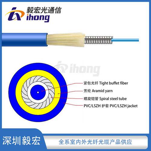 单模单芯室内螺旋铠装光缆3.0mm外径G652D/G657A/G657B纤芯