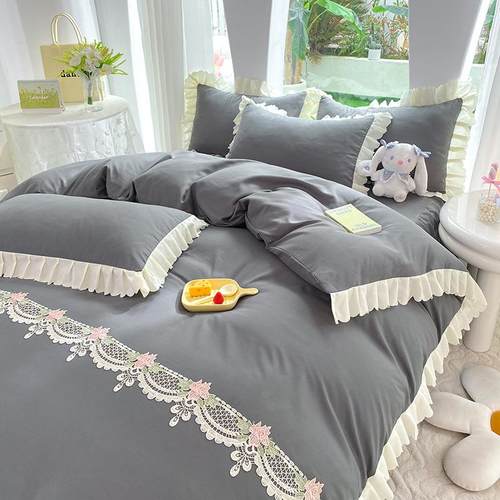 跨境韩版花边磨毛床裙四件套床单被套床裙床品