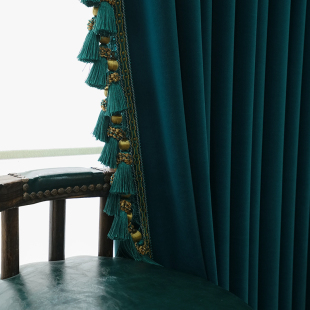 墨绿色美式吊穗窗帘深绿色家装定制复古花边穗子客厅卧室遮光蓝绿
